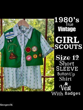 ▪️VTG▪️GIRL SCOUTS▪️1980's Short Sleeve Button Up Shirt & Vest With Badges